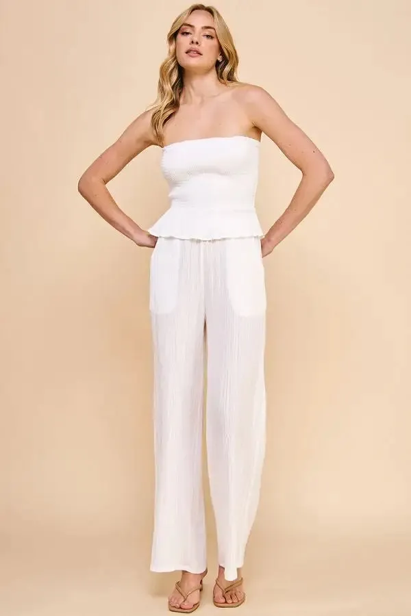 TEXTURED WOVEN ADJUSTABLE TIE WAIST PANTS