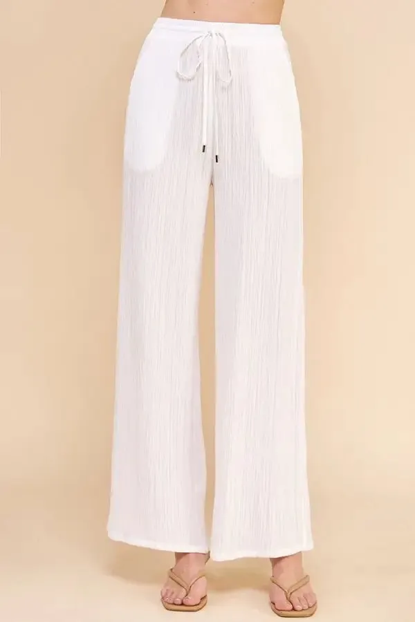 TEXTURED WOVEN ADJUSTABLE TIE WAIST PANTS