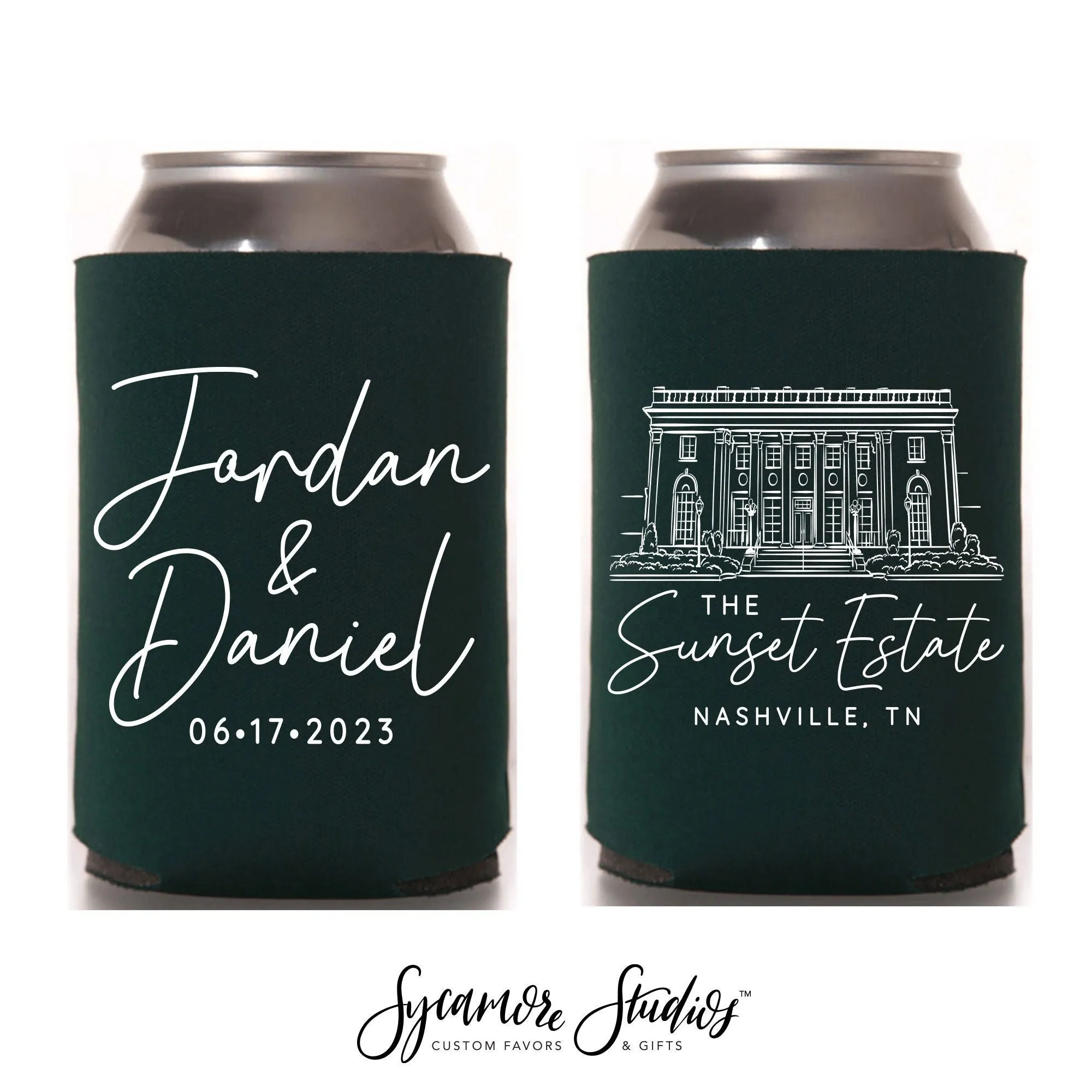 Wedding Can Cooler #229R - Custom Venue Illustration