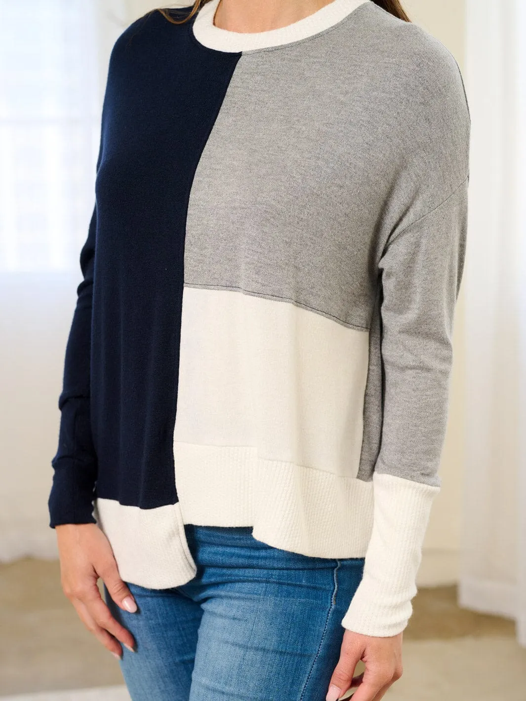 WOMEN'S LONG SLEEVE HIGH-LOW COLORBLOCK TOP