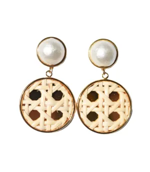 Woven Cane Rattan Pearl Drop Earrings
