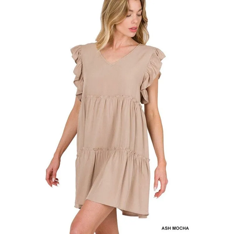 Woven ruffle sleeve tiered mini dress